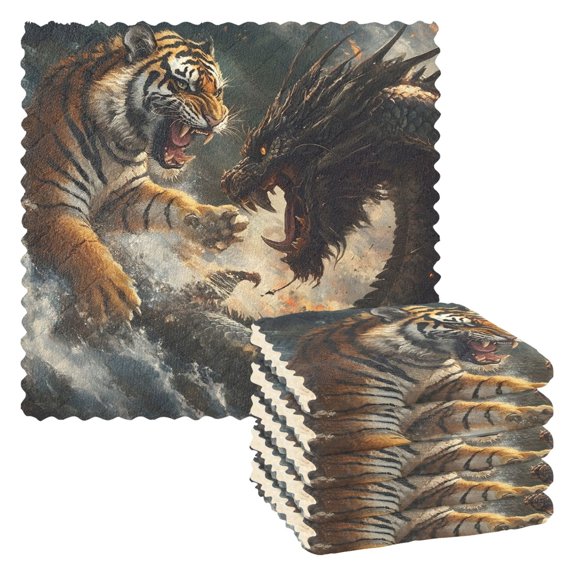 Dragon Tiger Kitchen Cloth Dish Towels for Drying Washing Absorbent Dish Rags Reusable soft kitchen dishcloth set 6 Pack