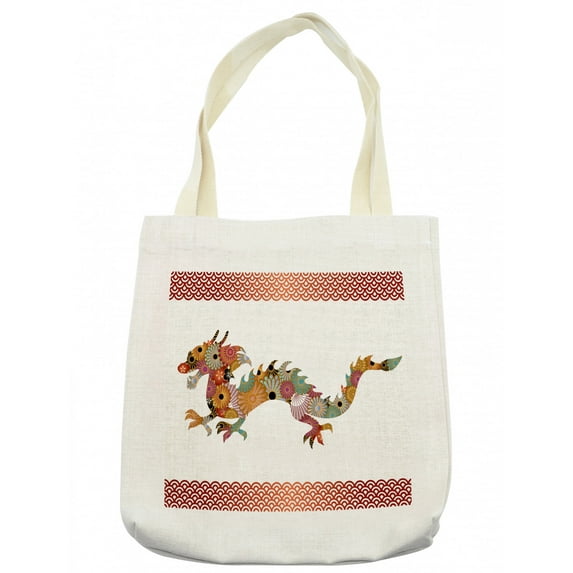 Dragon Tote Bag, Floral Ornamental Dragon Body Silhouette with Classic Japanese Wavy Folk Pattern, Cloth Linen Reusable Bag for Shopping Books Beach and More, 16.5" X 14", Cream, by Ambesonne