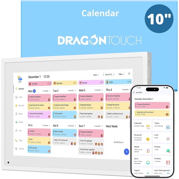 Dragon Touch 10.1" Digital Calendar Chore Chart, 1080P Full HD Interactive Touchscreen, 2026 Smart Family Planner, Electronic Calendar Desk Mountable for Seamless Scheduling, Calendario digital