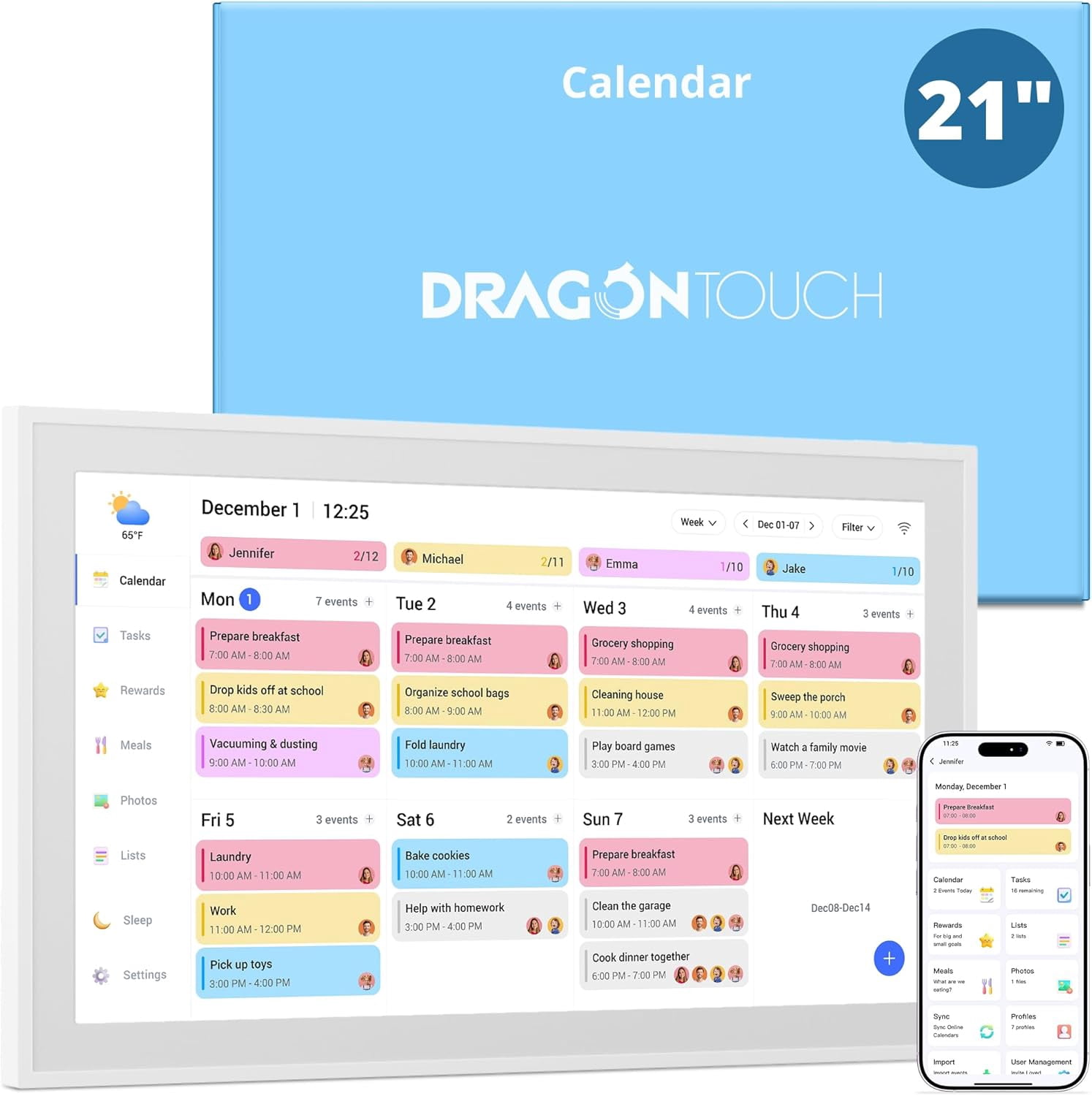 Dragon Touch 21.5 Inch Digital Calendar with Chore Chart, Smart Family Planner Wall & Desk Mountable for Seamless Scheduling