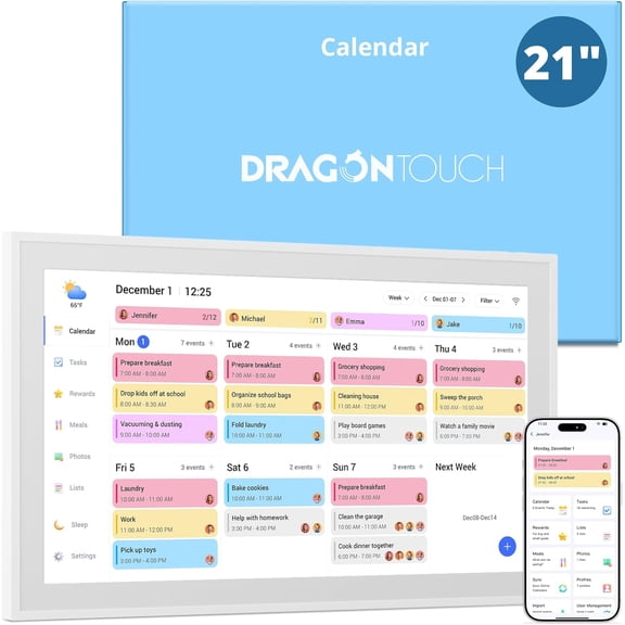 Dragon Touch 21.5 Inch Digital Calendar with Chore Chart, Smart Family Planner Wall & Desk Mountable for Seamless Scheduling