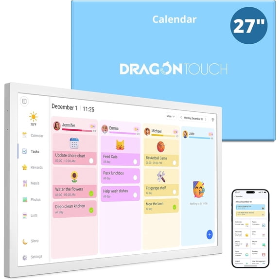 Dragon Touch 27" Digital Calendar Chore Chart – 1080P Full HD Interactive Touchscreen, Smart Family Planner, Hearth Display Digital Calendar Wall & Desk Mountable for Seamless Scheduling