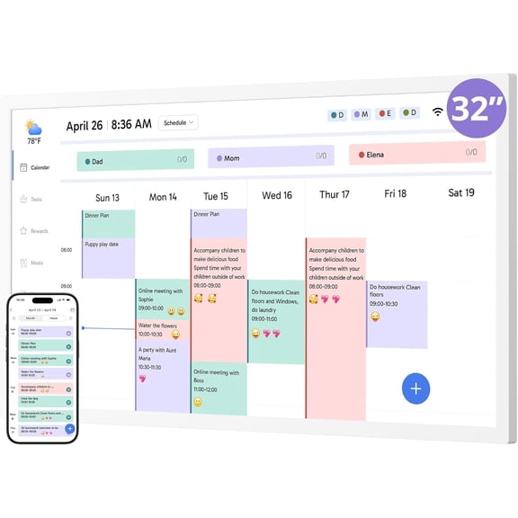Dragon Touch 32" Digital Calendar, Electronic Wall & Desk Calendar Chore Chart for Monthly/Weekly Family Planner - White