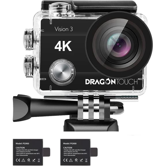 Dragon Touch 4K Action Camera 20MP Vision 3 Ultra HD Underwater 100FT Waterproof Action Camera 170° Wide Angle 4X Zoom Sports Camcorder with Remote Control 2 Batteries Helmet Accessories