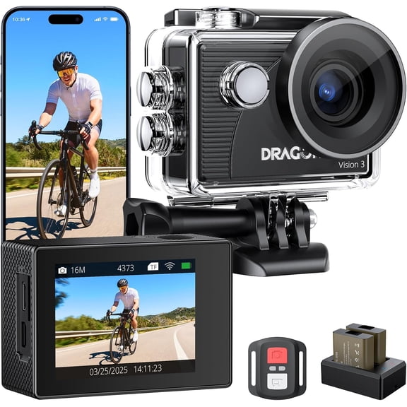Dragon Touch 4K Action Camera - Vision 3 20MP Underwater Waterproof Camera with 4X Zoom 170° Wide Angle WiFi Sports Cam with Remote 2 Batteries and Mounting Accessories Kit