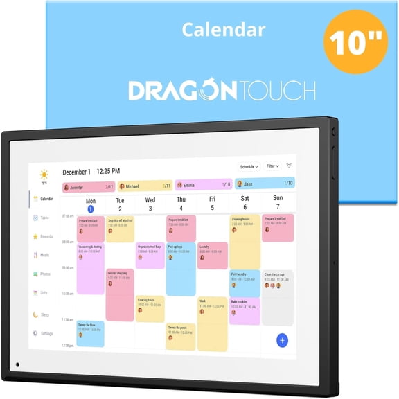 Dragon Touch Digital Calendar with Chore Chart - 10.1" Interactive Touchscreen, Smart Family Scheduler for Desk Mounting-Black