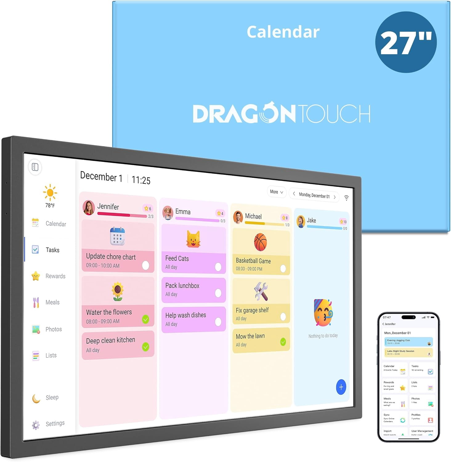 Dragon Touch Digital Calendar 27 Inch Touch Screen, Electronic Wall Calendar Chore Chart for Family Monthly/Weekly Planner-Black