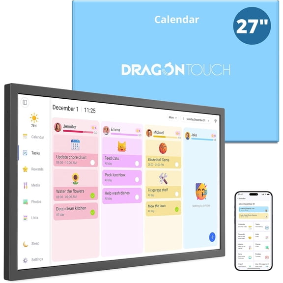 Dragon Touch Digital Calendar 27 Inch Touch Screen, Electronic Wall Calendar Chore Chart for Family Monthly/Weekly Planner-Black