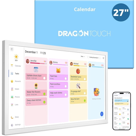 Dragon Touch 27 Inch Digital Calendar, Electronic Wall Calendar Chore Chart for Family Monthly/Weekly Planner with Desk Mount