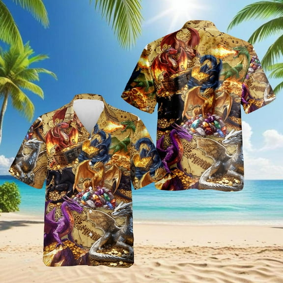 Dragon Treasure Hawaiian Shirt for Men, Legendary Fire-Breathing Style, Button Down Summer Beach Short Sleeve, S-5XL
