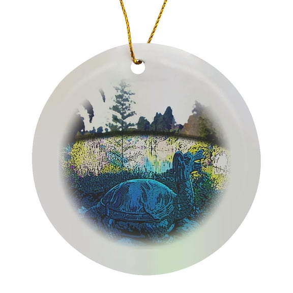 3drose, Dragon-turtle like Statue in the Hamilton New Zealand Gardens That Has Been Cut Out in an Oval, Circle Porcelain Ornament