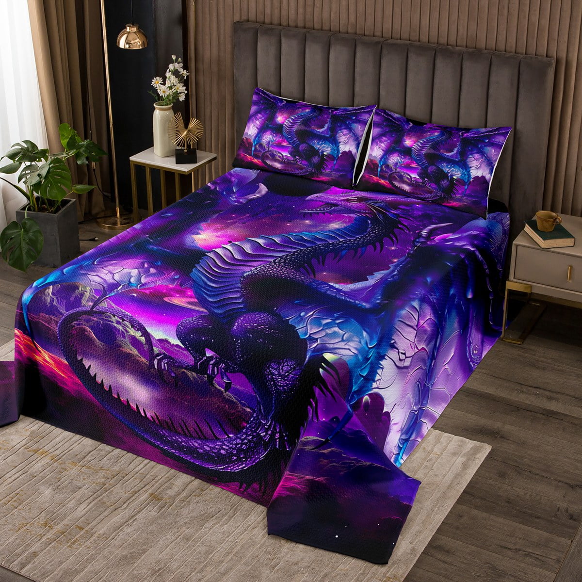 Dragon Twin Bedspread Set for Girls,Vintage Dreamy Blue Dragon Wings