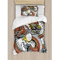 thumbnail image 1 of Dragon Twin Size Duvet Cover Set, Traditional Chinese Creature Holding A Large Pearl Zodiac Signs Folk Tattoo Graphic, Decorative 2 Piece Bedding Set with 1 Pillow Sham, Multicolor, by Ambesonne, 1 of 3