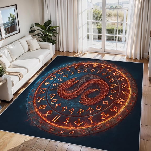 Dragon Viking Runes Area Rug, Norse Mythology Dragon Design Indoor Carpet, Washable Non Slip Low Pile Soft Thin Rug for Living Room Bedroom Home Decor Mat 5x8ft