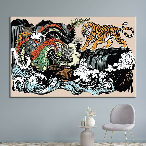 Dragon Vs Tiger Wall Art, Japanese Artwork, Japanese Tiger and Dragon Printed, Animal Art Canvas, Utagawa Kuniyoshi Canvas, Canvas Wall Decor - 3P-Black Framed