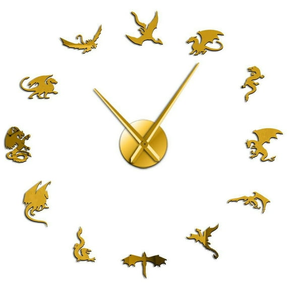 Dragon Wall Art DIY Wall Clock Medieval Mythical Dragon Silent Large Wall Clock Decoration(Gold,47inch)