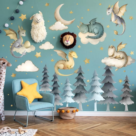 Dragon Wall Stickers,Peel and Stick Colorful Flying Dragon,White Clouds, Stars.Tree Self-Adhesive MuralRemovable Wall Sticker for Living Room Baby Nursery Kids Room Wall Decor (Large Dragon Decal)