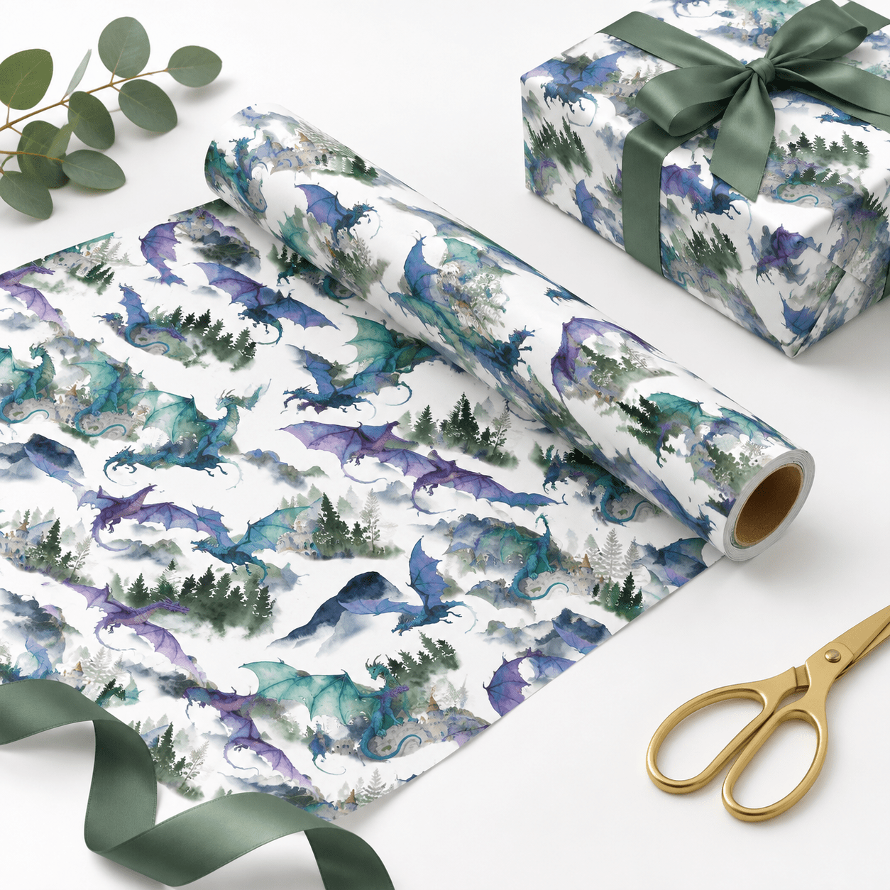 Dragon Watercolor Gift Wrap Paper Roll, Fantasy Castle Design, 17 Inch ...