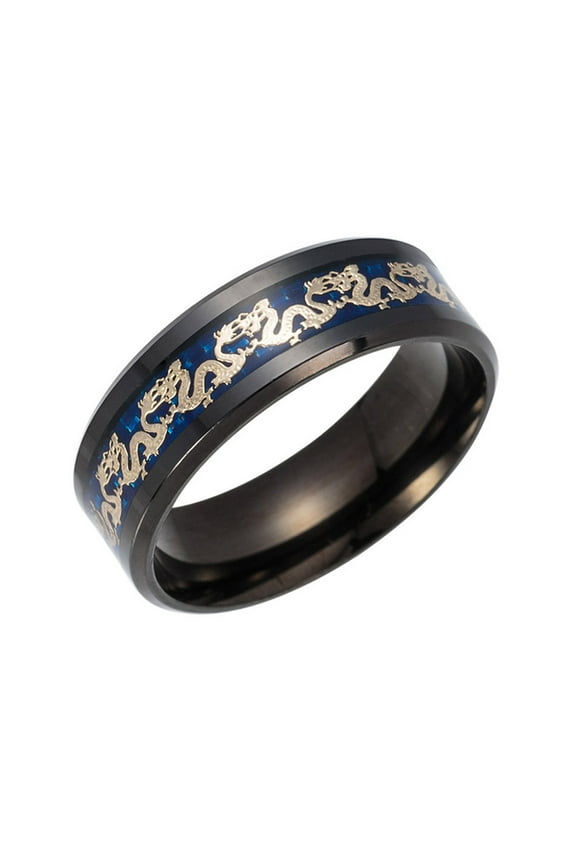 Dragon Wedding Band for Women or Men Black or Blue Stainless Steel Ring by Ginger Lyne Collection