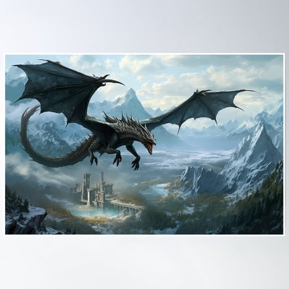 Dragon With Mountains Poster Wall Art, Modern Wall Decor, 16x24 UNFRAMED