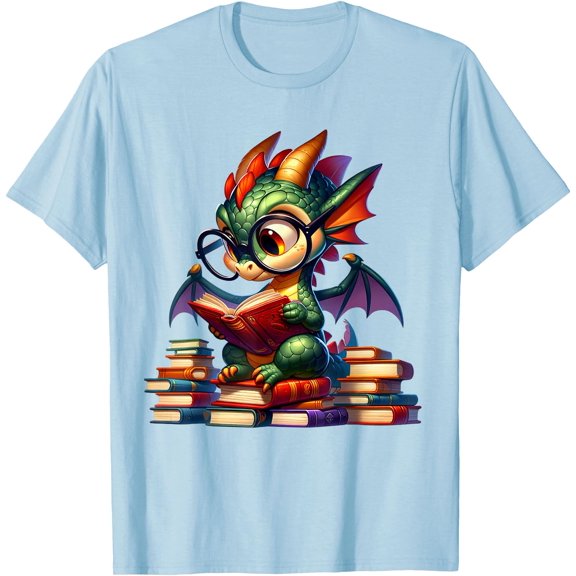Dragon and Books Nerds cute dragon reading a book Unisex T-Shirt for Men Women Kids Toddler,Light Blue Color,Size 3T