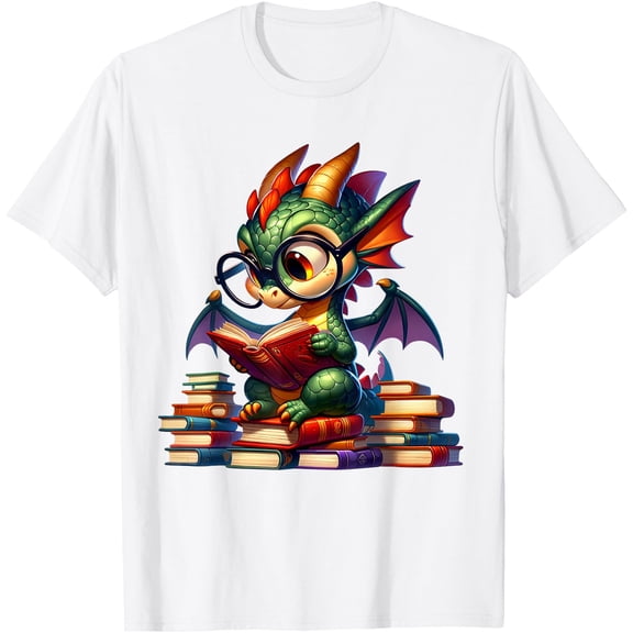 Dragon and Books Nerds cute dragon reading a book Unisex T-Shirt for Men Women Kids Toddler,White Color,Size 5/6