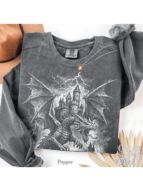Dragon and Gothic Castle Crewneck Sweatshirt, Unisex Classic Fit, Cotton-Poly Fleece, 271 GSM, Front Graphic