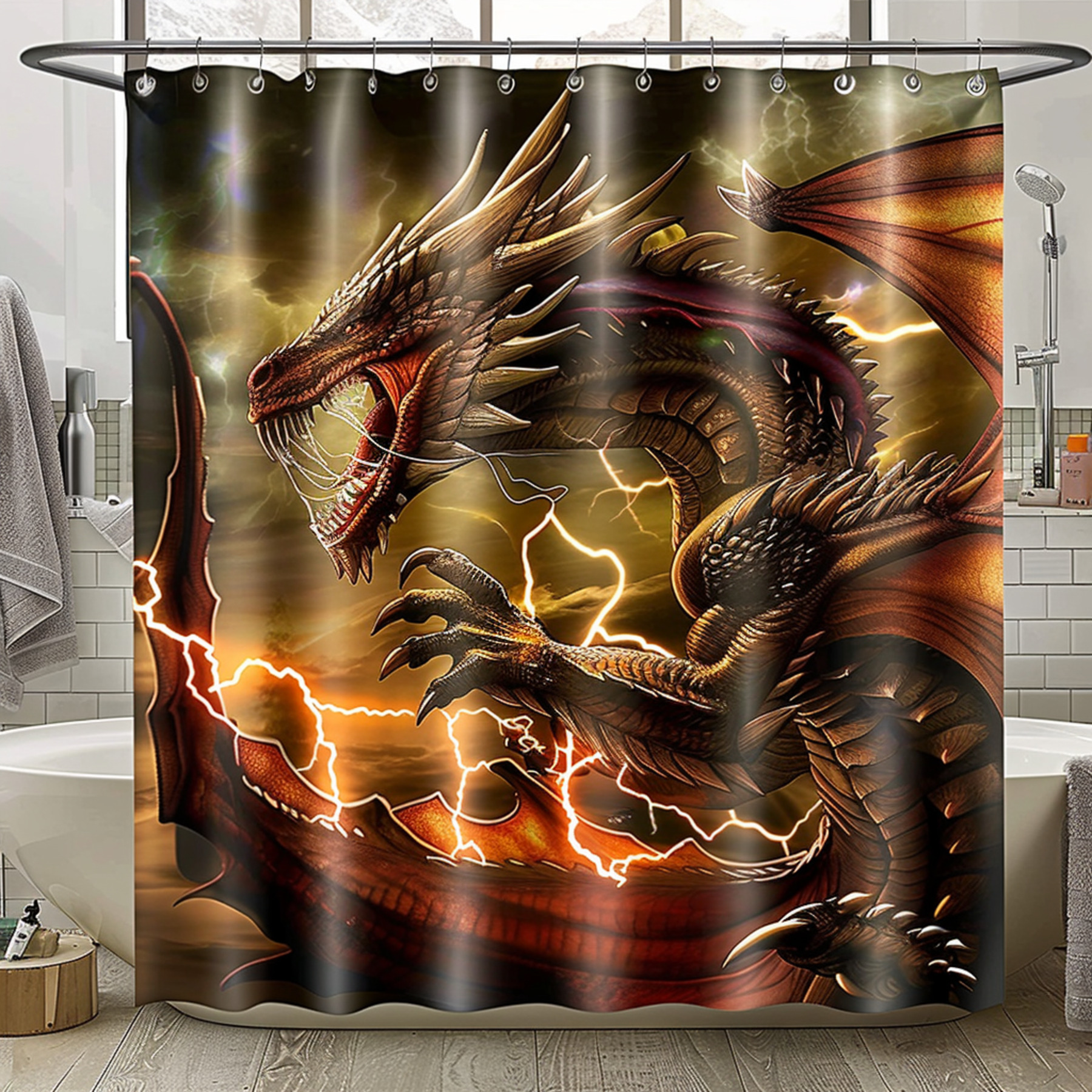 Dragon and Lightning Fantasy Shower Curtain Detailed Artwork for