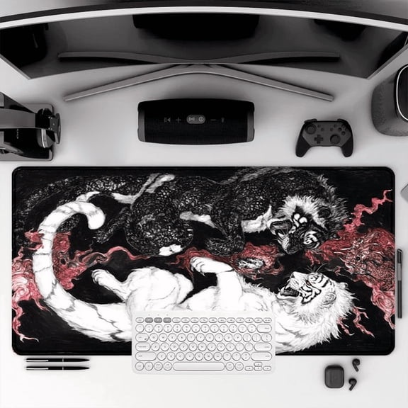 Tiger Battle Art Mouse Pad 35.4 x 15.8 inches Rubber Desk Mat for Office Gaming Home Use