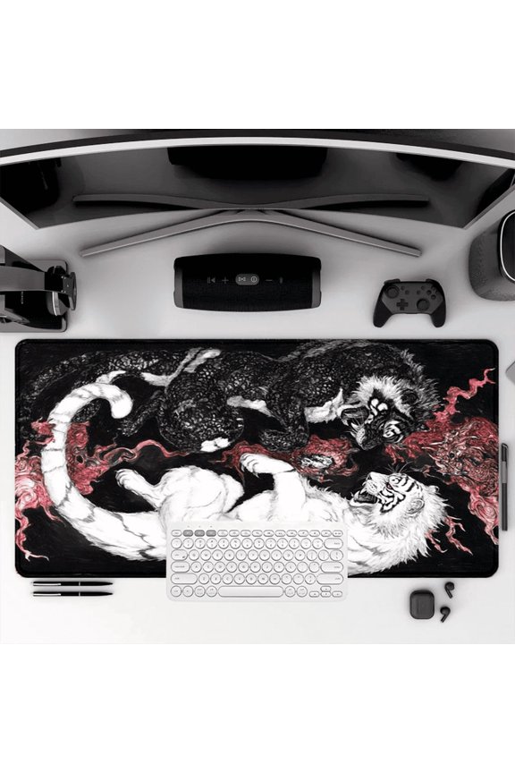 Tiger Battle Art Mouse Pad 35.4 x 15.8 inches Rubber Desk Mat for Office Gaming Home Use