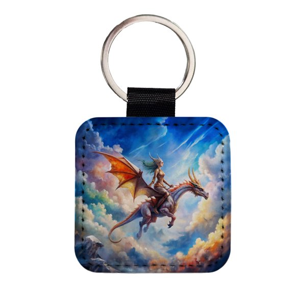 Dragon and Rider Flying Watercolor Faux Leather Square Keychain