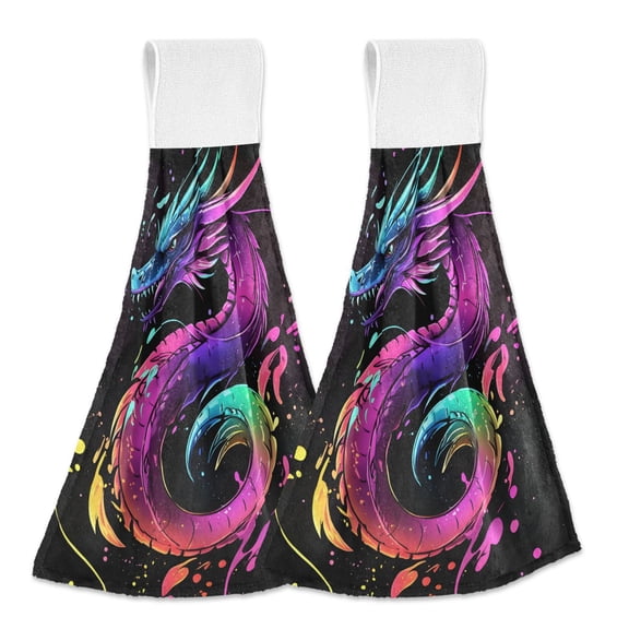 Dragon in Mixture Color Hanging Towels with Loop Hand Towels Nylon Fastener Tape Design Dish Cloths 2 Pieces