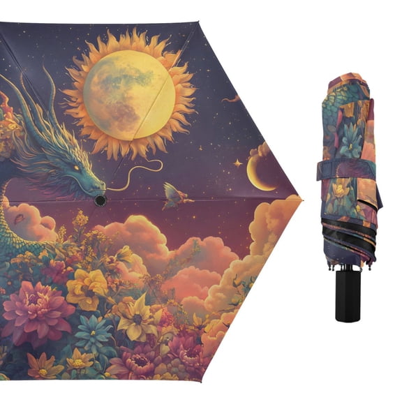 Dragon on Flowers Clouds Moon All Weather Umbrella Triple Folding Parasol 6 Ribs UV Protection Portable