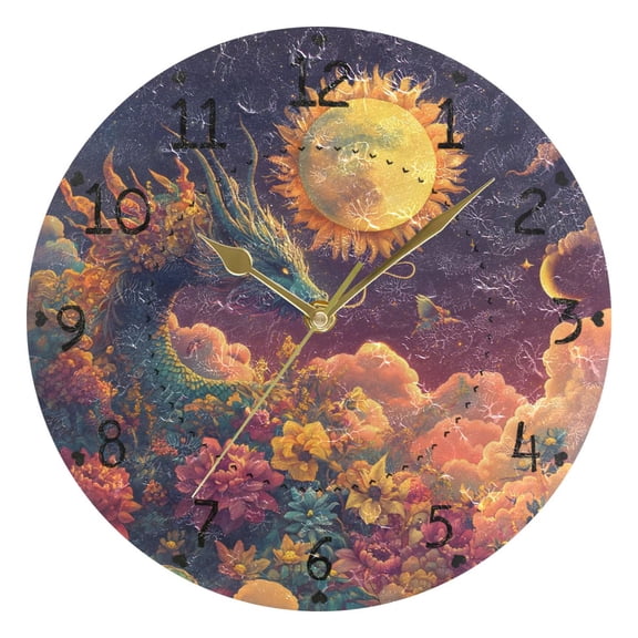 Dragon on Flowers Clouds Moon Round Wall Clock Silent Analog Battery Operated Gold Pointer Home Decor 9.84" Diameter