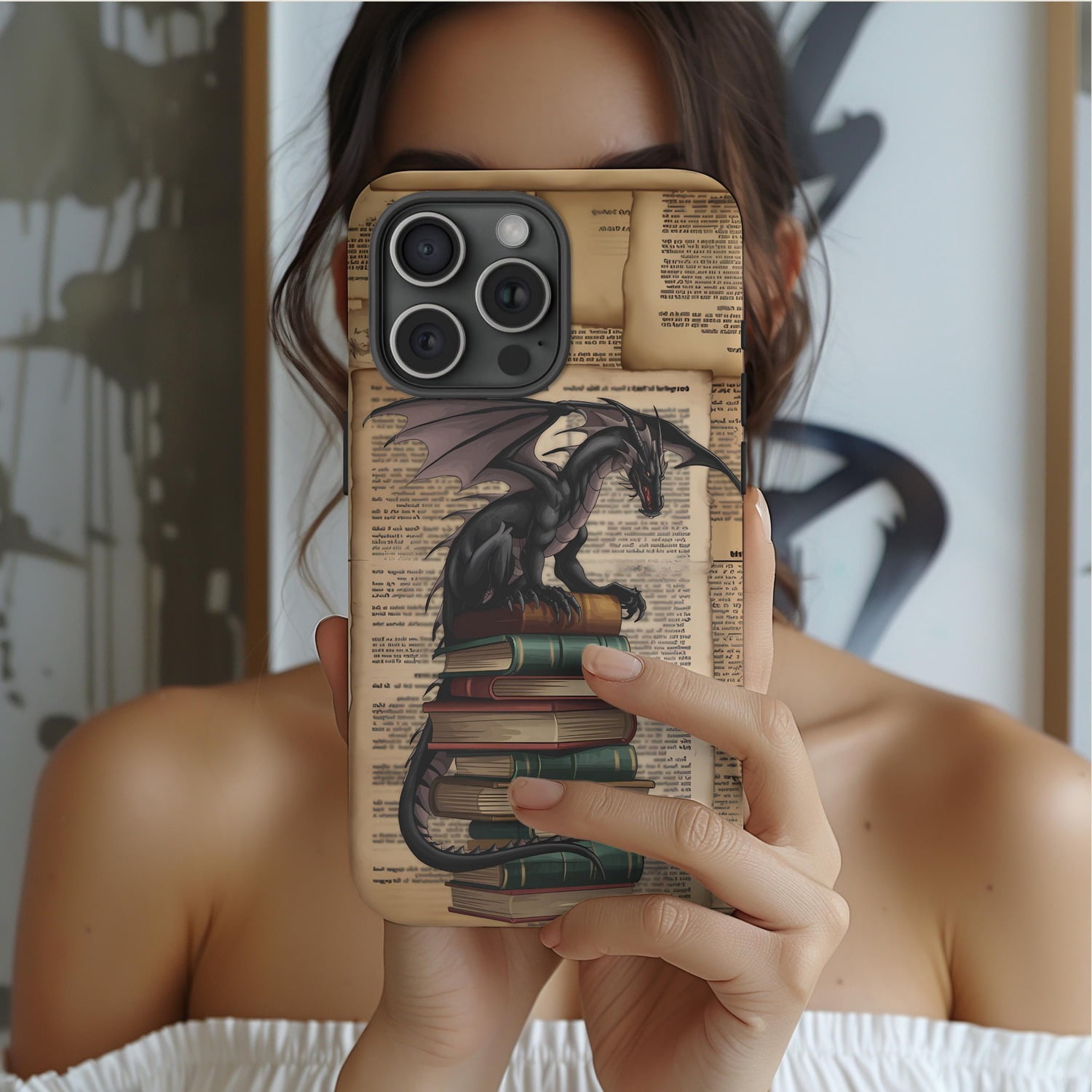 Dragon on Stacked Books Beige Tough iPhone Case, Polycarbonate and TPU ...