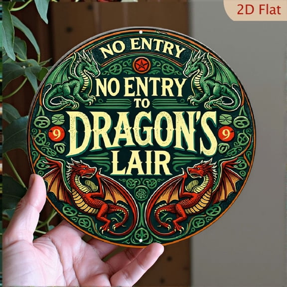 Dragon's Lair Circular Aluminum Wall Sign, Fantasy Celtic Knotwork Decorative Metal Plaque, 8x8 Inch