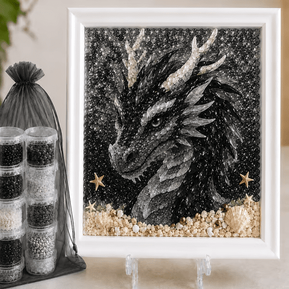 Dragon seaglass art kit, Ocean Dragon Shell Pebble Craft Set with Frame, DIY Mosaic Making Supplies for Adults Home Wall Decor and Hobby Art Projects,black