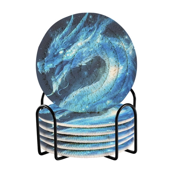 Dragon with Blue Nebula Drinking Coasters Cup Mat with Holder for Kitchen Cafe Bar 6 Packs