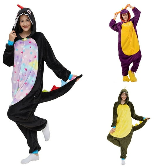 Dragon with Tail Leisure Wear Onesies One-Piece Button Pajamas Jumpsuit Sleepwear Hooded Flannel Nightgown Women Men