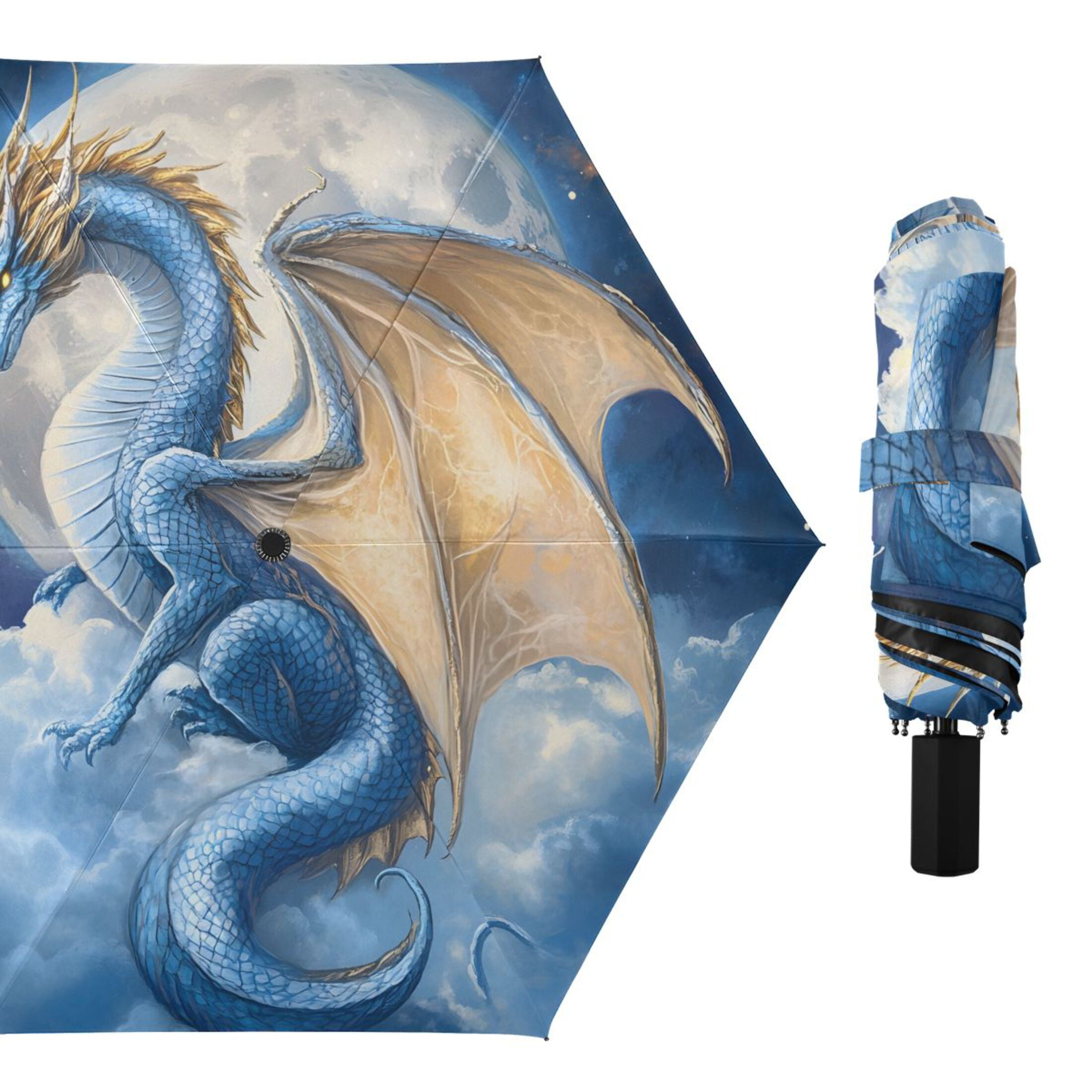 Dragon with Wing on Cloud Moon All Weather Umbrella Triple Folding Parasol 6 Ribs UV Protection Portable
