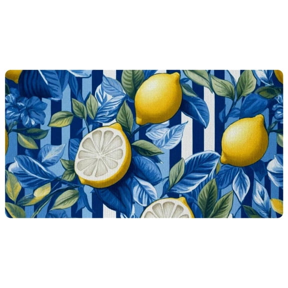 DragonBtu Kitchen Mats with Lemons Leaves Stripe Blue - Anti Fatigue Floor Rug, Non-Slip and Waterproof, Perfect for kitchen Floor Home Laundry