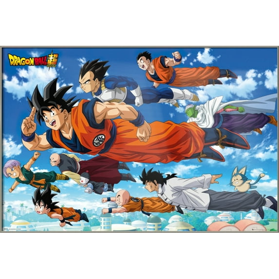Dragonball Super - Framed Manga TV Show Poster (Goku & Friends - Flying) (Size: 36" X 24") (Brushed Champagne Aluminum Frame)