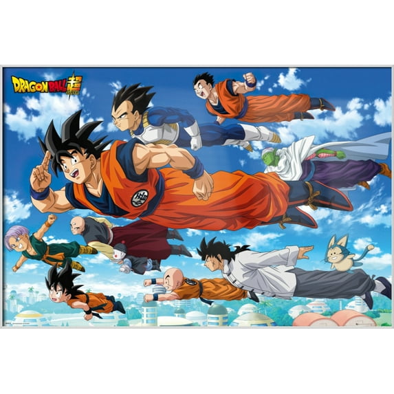 Dragonball Super - Framed Manga TV Show Poster (Goku & Friends - Flying) (Size: 36" X 24") (Shiny White Aluminum Frame)