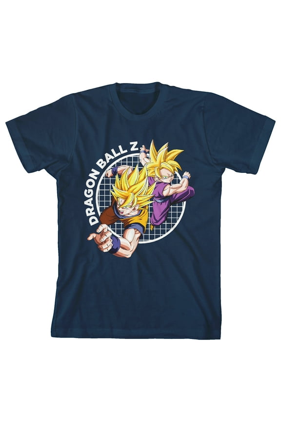 Dragonball Z Father and Son Attacking Grid Youth Navy Blue Short Sleeve Crew Neck Tee-Large