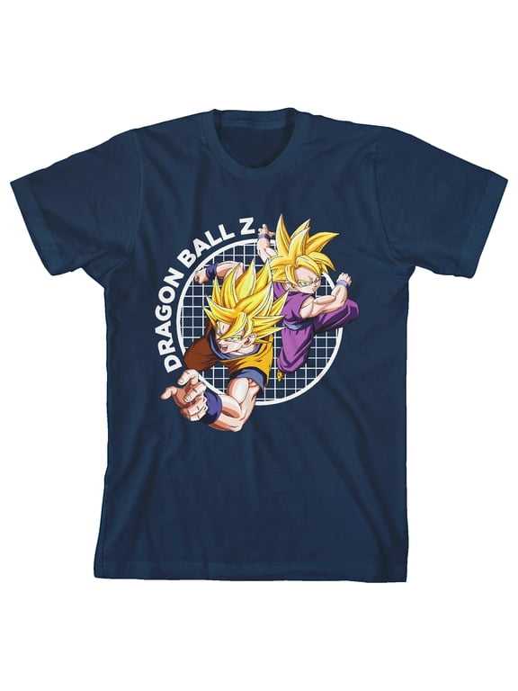 Dragonball Z Father and Son Attacking Grid Youth Navy Blue Short Sleeve Crew Neck Tee-Large
