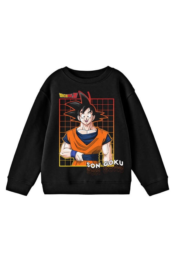 Dragonball Z Goku Character with Black Checkered Background Youth Black Crew Neck Sweatshirt-Medium