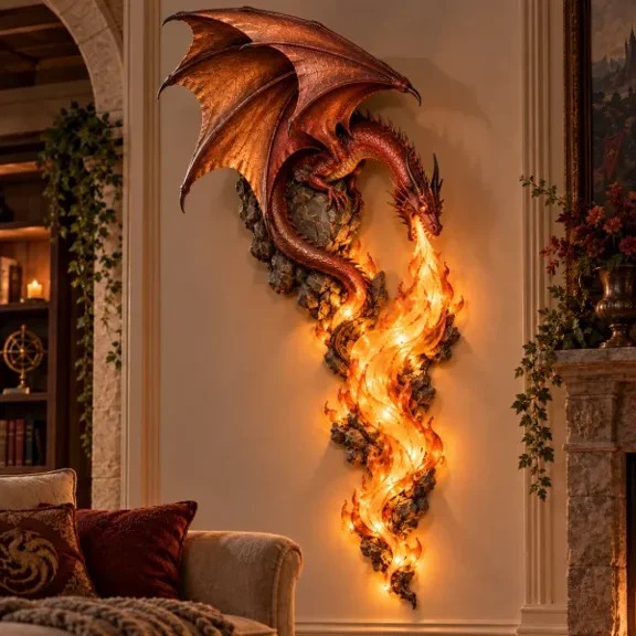 Dragonfire Guardian Wall Sconce – A Legendary Flame Awakens On Your Wall, Fantasy Dragon Wall Lamp with Warm LED Glow for Bedroom Living Room Hallway and Home Decor