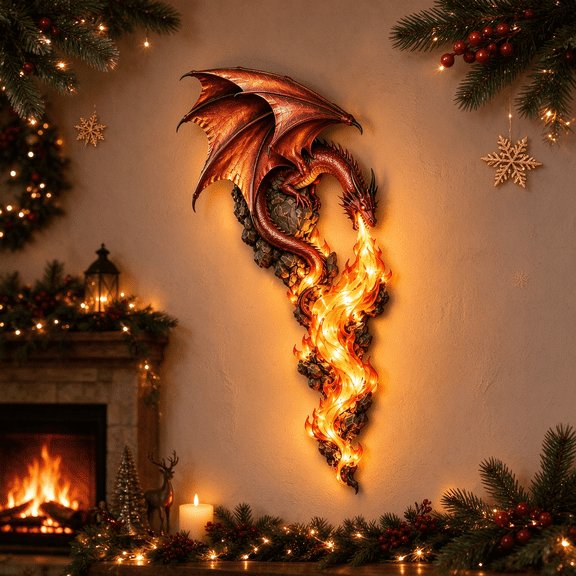 Dragonfire Guardian Wall Sconce with Fiery Flame Effect, Fantasy Dragon Wall Hanging Decor for Man Cave Gaming Room Halloween