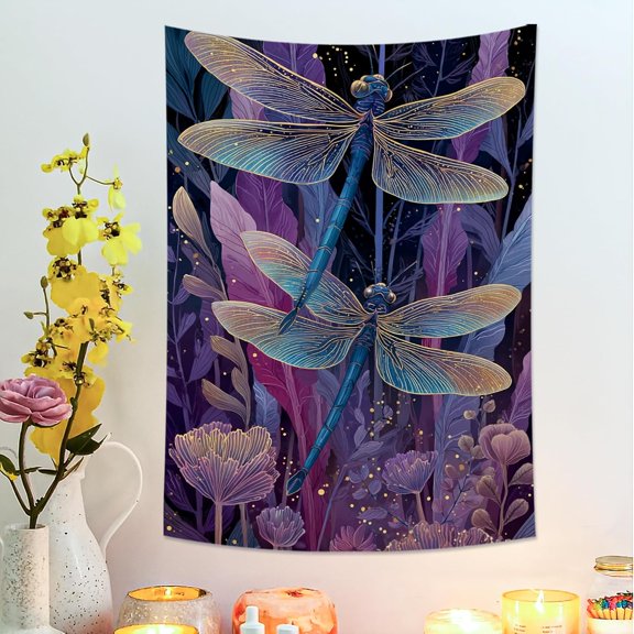 Dragonflies and Flowers Violet Tapestry, Mystical Botanical Wall Hanging, Bohemian Decor for Bedroom, Living Room, Dorm, Aesthetic Tapestries 30x40 Inch