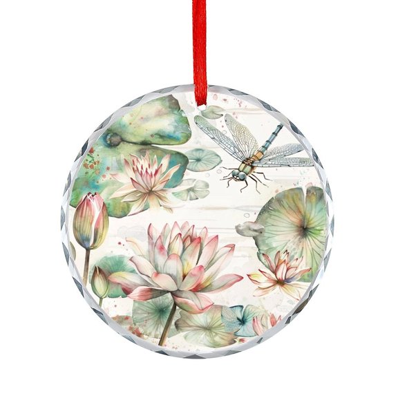 Dragonflies And Lotus Crystal Glass Christmas Ornament Hanging Ornaments Xmas Tree Decor for Family Friends Lovers Watercolor Lily Flower And Flying Animal Nature Spring Theme Crystal Glass